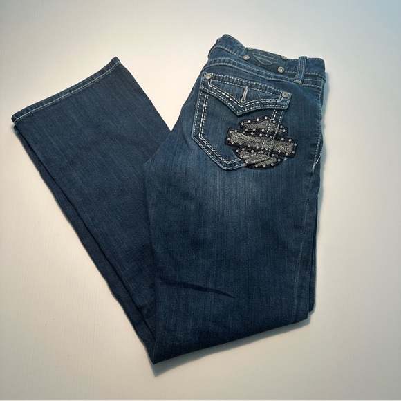 HARLEY DAVIDSON JEWELED LEATHER LOGO JEANS SIZE 6 PETITE - Picture 1 of 14
